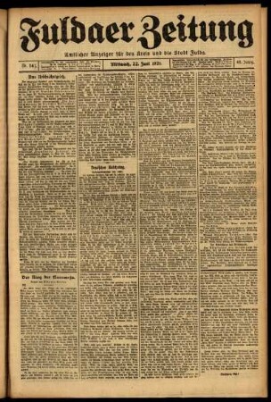 Erste Ausgabe vom Mittwoch, den 22. Juni 1921.