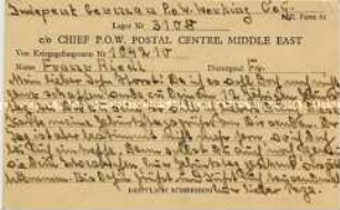 Postkarte aus einem englischen Kriegsgefangenenlager in Ägypten