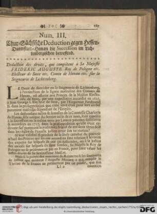 Deduction des droits, qui compétent à Sa Majesté FRIDERIC AUGUSTE Roy de Pologne etc. [...]