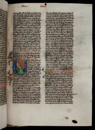 Historisierte Initiale (Buch Abdias / Obadja): V(isio abdie): Prophet Abdias / Obadja mit Schriftband