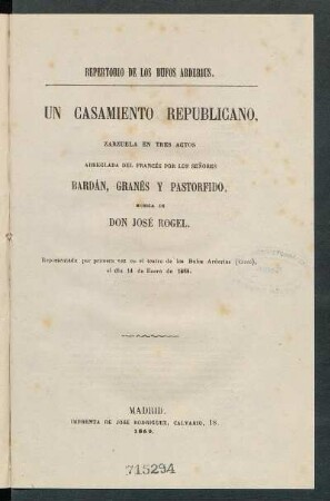 Un casamiento republicano : zarzuela en tres actos