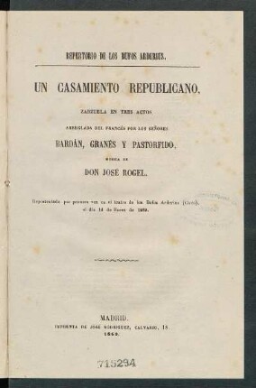 Un casamiento republicano : zarzuela en tres actos