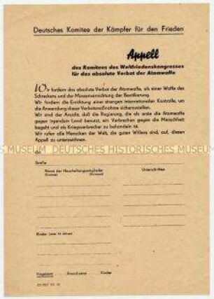 Appell des Komitees des Weltfriedenskongresses zur Unterschriftensammlung für Atomwaffenverbot (blanko)