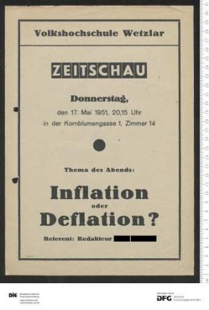 Ankündigung einer einzelnen Veranstaltung 1951