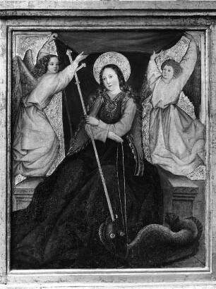 Margarethen-Altar : Margarethen-Altar. Holz, bemalt (um 1461/1470). Heilige Margaretha, den Kreuzstab in den Drachen stoßend. Graz, Leech-Kirche (Maria am Leech)