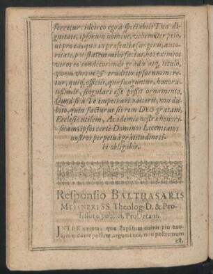 Responsio Balthasaris Meisneri SS. Theolog. D. & Professoris publici, ProDecani.