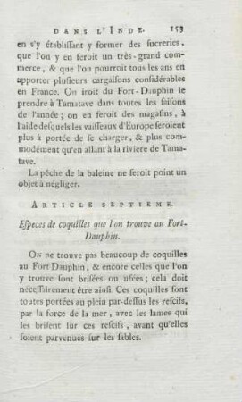 Article septieme. Especes de coquilles que l'on trouve au Fort-Dauphin
