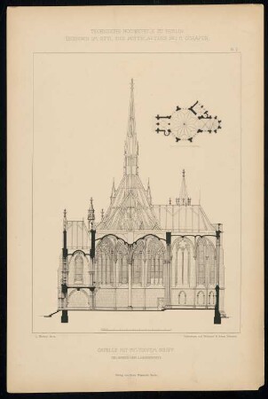 Kapelle mit polygonalem Schiff: Grundriss und Längsschnitt (aus: C. Schäfer, Die Bauhütte, Entwürfe im Stile des Mittelalters, 1. Bd., 1883, Tafel 3)