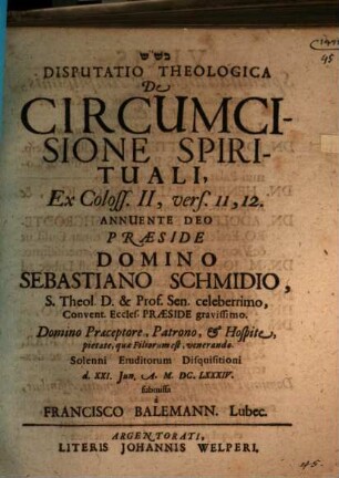 Disputatio Theologica De Circumcisione Spirituali