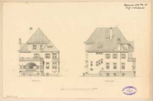 Villa für eine Familie, Berlin-Grunewald Monatskonkurrenz September 1892: Aufriss Südseite, Westseite; Maßstabsleiste