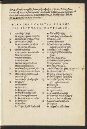 Elenchus Capitum Evangelii Secundum Matthaeum.