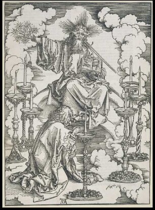 Johannes erblickt die sieben Leuchter, aus der Folge der Apokalypse, Latein-Ausgabe 1511