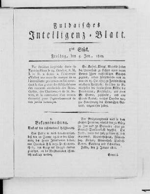 1tes Stück, Ausgabe vom 5. Jan. 1810