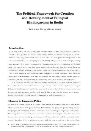 The political framework for creation and development of bilingual kindergartens in Berlin