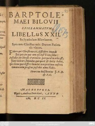 22: Barptholomaei Bilovii Epigrammatum Libellus ...