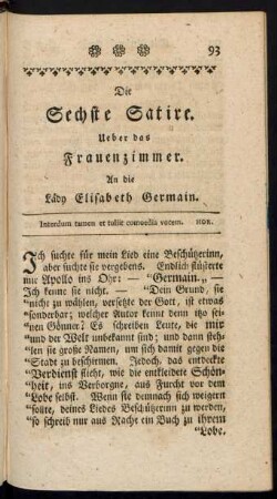 Die Sechste Satire. Ueber das Frauenzimmer. An die Lady Elisabeth Germain.