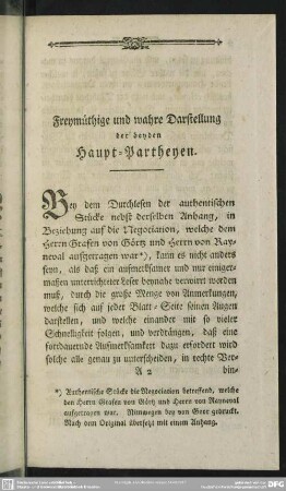 Freymüthige und wahre Darstellung der beyden Haupt-Partheyen