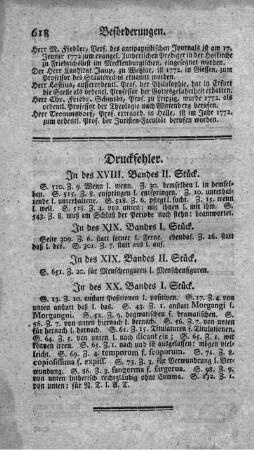 Druckfehler. In des XVIII. Bandes II. Stück. - In des XX. Bandes I. Stück.