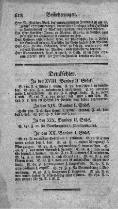 Druckfehler. In des XVIII. Bandes II. Stück. - In des XX. Bandes I. Stück.