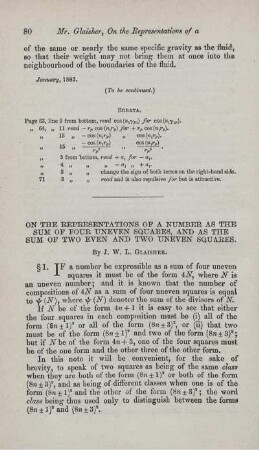 On the representations of a number as the sum of four uneven squares, and as the sum of two even and two uneven squares.