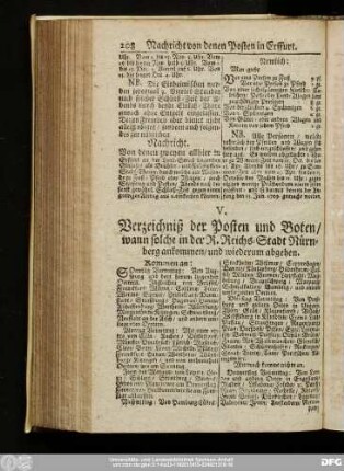 V. Verzeichniß der Posten und Boten, wann solche in der R. Reichs-Stadt Nürnberg ankommen, und wieder abgehen.