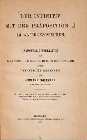 Der Infinitiv mit der Präposition à im Altfranzösischen