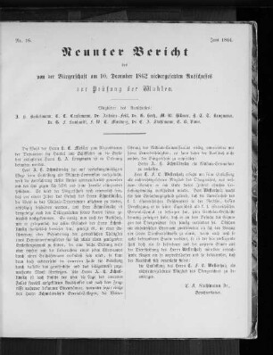 Nr. 16. Neunter Bericht des von der Bürgerschaft am 10. December 1862 niedergesetzten Ausschusses zur Prüfung der Wahlen. Juni 1864.