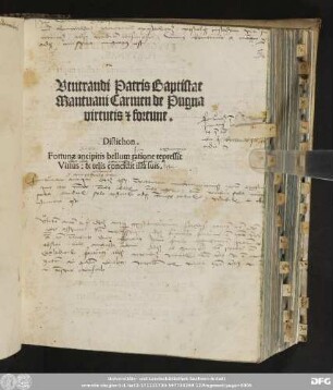 Venerandi Patris Baptistae || Mantuani Carmen de Pugna || virtutis #[et] fortune.|| ... ||