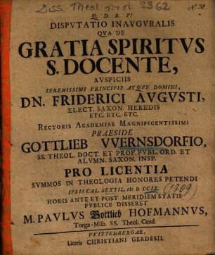 Dispvtatio Inavgvralis Qva De Gratia Spiritvs S. Docente