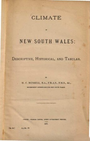 Climate of New South Wales: Descriptive, Historical and Tabular