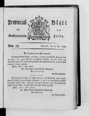 Num. 29, Ausgabe vom 19. Juli 1820