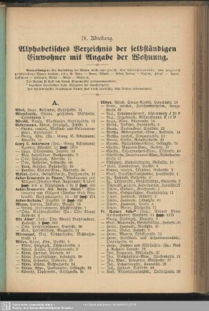 IV. Abteilung. Einwohnerverzeichnis : IV. Abteilung. Alphabetisches Verzeichnis der selbständigen Einwohner mit Angabe ihrer Wohnung