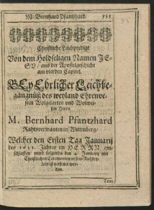 Christliche Leichpredigt ... Herrn M. Bernhard Pfantzhard ...