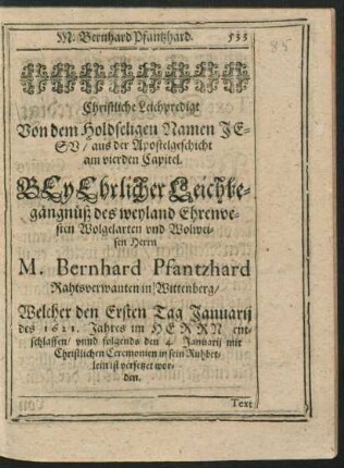 Christliche Leichpredigt ... Herrn M. Bernhard Pfantzhard ...
