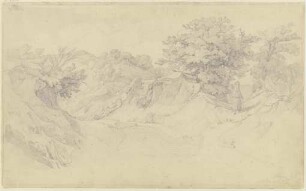 Hohlweg nach Civitella di Olevano, dem heutigen Bellegra, rechts eine wandernde Frau in Rückenansicht