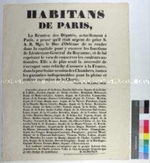Flugblatt der französischen Deputiertenkammer unter dem Eindruck der Julirevolution 1830 an die Einwohner von Paris