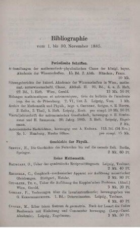 Bibliographie vom 1. bis 30. November 1885.