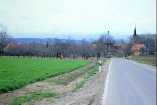 Ortseingang von Grabsleben, Obstwiese, erste Häuser, Kirchturm