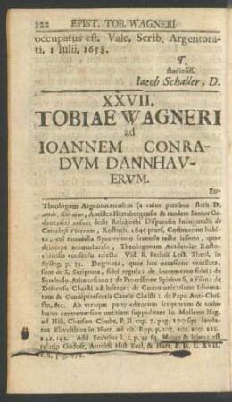 XXVII. Tobiae Wagneri ad Ioannem Conradum Dannhauerum