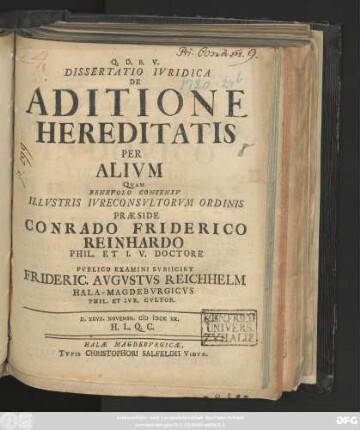 Dissertatio Ivridica De Aditione Hereditatis Per Alivm