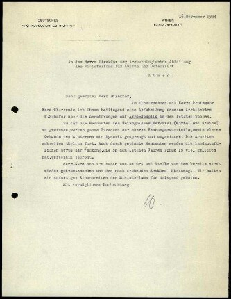 W. Wrede an Direktor der Archäologischen Abteilung des Ministeriums für Kultus und Unterricht