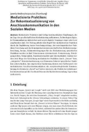 Mediatisierte Praktiken: Zur Rekontextualisierung von Anschlusskommunikation in den Sozialen Medien