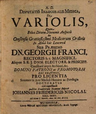 Disp. inaug. med. de variolis