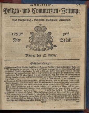 31tes Stueck, Montag den 5ten August 1793