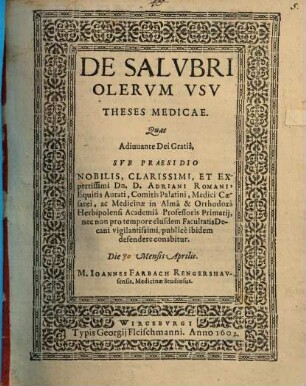 De Salvbri Olervm Vsv Theses Medicae