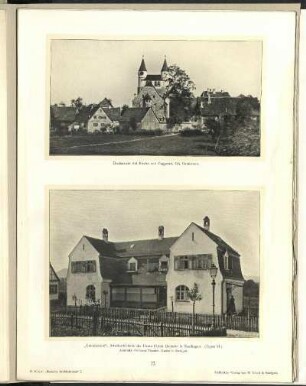 Dorfansicht mit Kirche von Gaggstatt und Gminderdorf, Arbeiterkolonie der Firma Ulrich Gminder in Reutlingen. Außenansicht.