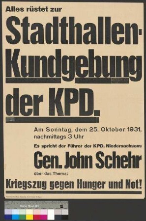 Plakat der KPD zu einer Wahlkundgebung am 25. Oktober 1931 in der Stadthalle Braunschweig