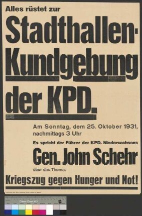 Plakat der KPD zu einer Wahlkundgebung am 25. Oktober                                         1931 in der Stadthalle Braunschweig