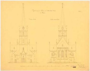 Katholische Kirche, Glesen: Aufriss Chorseite, Eingangsseite (Turmseite), Maßstabsleiste