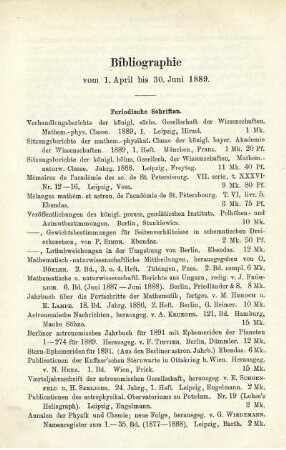 Bibliographie vom 1. April bis 30. Juni 1889.